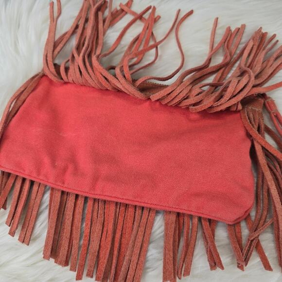 Fringed Coral Suede Wristlet Pouch Purse Western American Eagle AEO Hippie - Picture 4 of 10